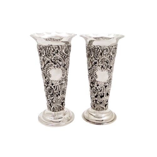 Pair of Antique Victorian Sterling Silver Spill Vases 1898