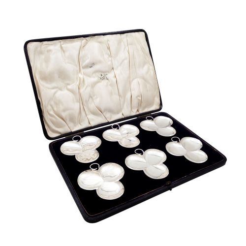 Set of 6 Antique Sterling Silver 'Clover' Dishes in Case 1912