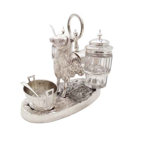 Antique Victorian Silver Plated 'Ram' Novelty Cruet Set C1880