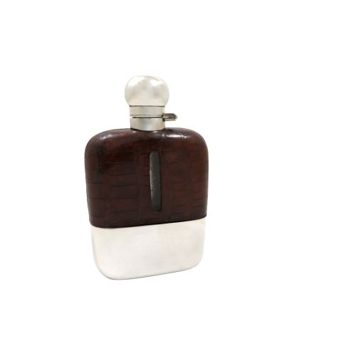 Antique Victorian Silver Plated & Crocodile Leather Hip Flask C1890
