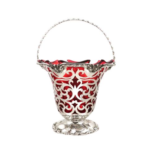 Antique Victorian Sterling Silver & Cranberry Glass Basket 1855