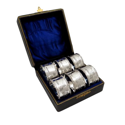Set of 6 Antique Victorian Sterling Silver Napkin Rings in Case 1896/7