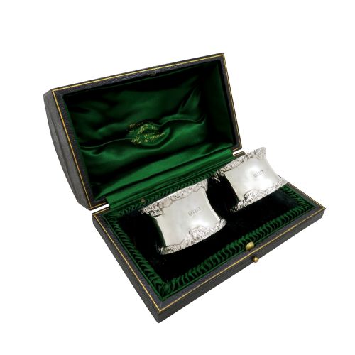 Pair of Antique Victorian Sterling Silver Napkin Rings in Case 1896