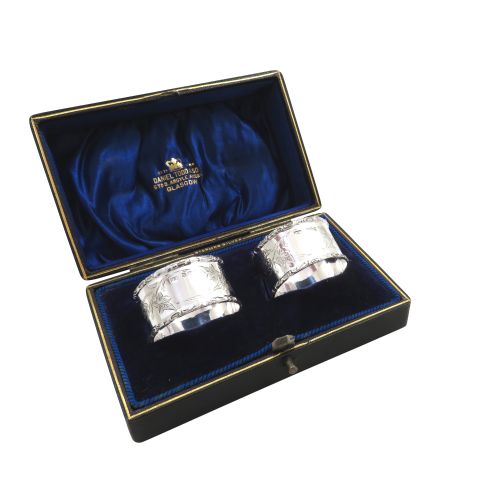 Pair of Antique Victorian Sterling Silver Napkin Rings in Case 1899