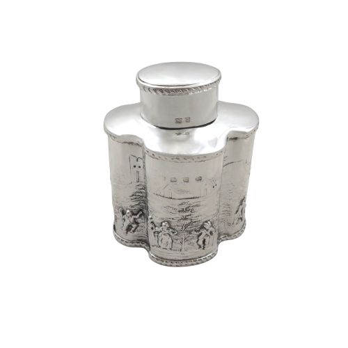 Antique Victorian Sterling Silver Caddy with Village Scene 1899
