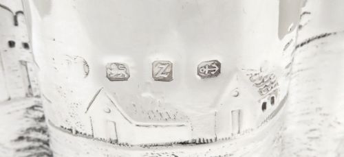 fig 1. Antique Victorian Sterling Silver Caddy with Village Scene 1899
