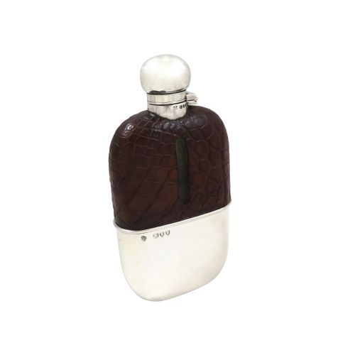 Antique Victorian Sterling Silver & Crocodile Leather Hip Flask 1895
