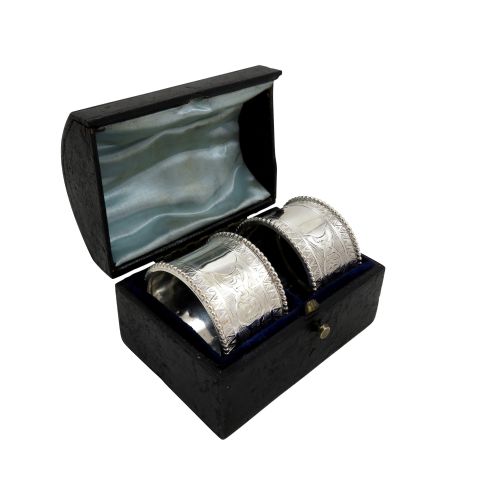 Pair of Antique Victorian Sterling Silver Napkin Rings in Case 1862