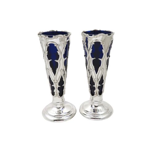 Pair of Antique Edwardian Sterling Silver 6" Vases with Liners 1906