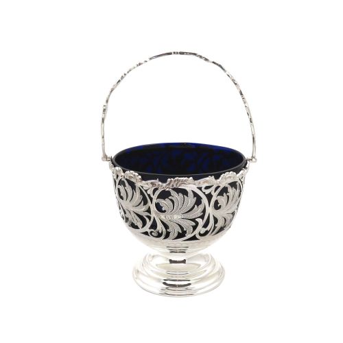 Antique Victorian Sterling Silver & Blue Glass Liner Basket 1898