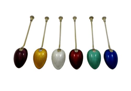 fig 1. Set 6 Antique Art Deco Sterling Silver & Enamel Teaspoons 1937