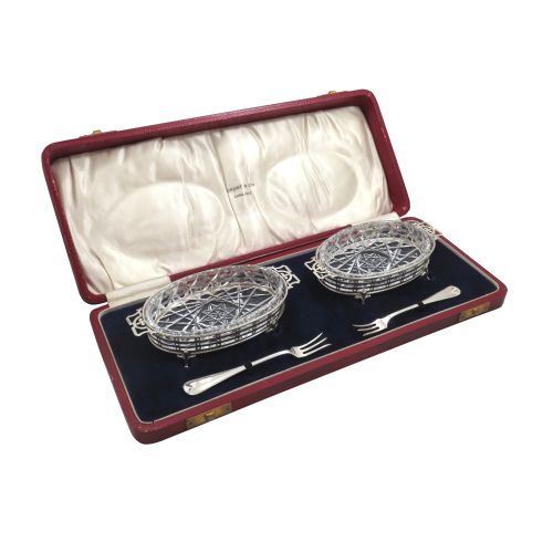 Pair of Antique Sterling Silver & Cut Glass Pickle Dishes with Forks 1933