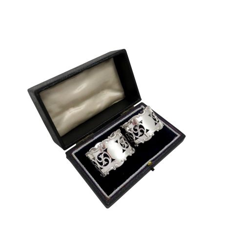 Pair of Antique Sterling Silver Pierced Napkin Rings in Case 1911