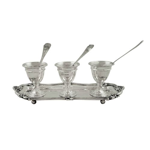 Antique Edwardian Sterling Silver 3 Egg Cruet Set - 1908 Mappin & Webb