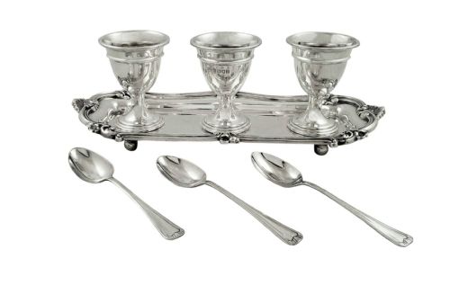 fig 1. Antique Edwardian Sterling Silver 3 Egg Cruet Set - 1908 Mappin & Webb