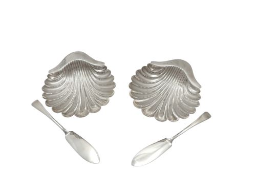 fig 1. Pair of Antique Edwardian Sterling Silver Shell Dishes with Knives 1905