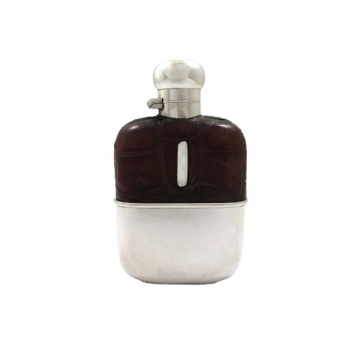 Antique Victorian Silver Plated & Crocodile Leather Hip Flask C1900
