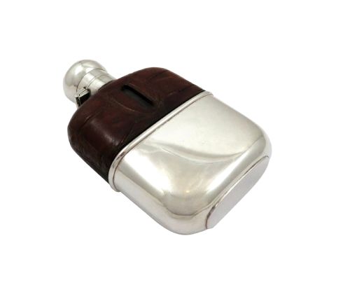 fig 1. Antique Victorian Silver Plated & Crocodile Leather Hip Flask c1900