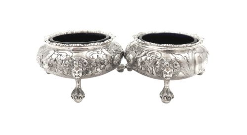 fig 1. Pair of Antique Victorian Sterling Silver Salts with Liners 1855