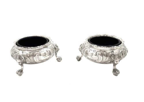 Pair of Antique Victorian Sterling Silver Salts with Liners 1855