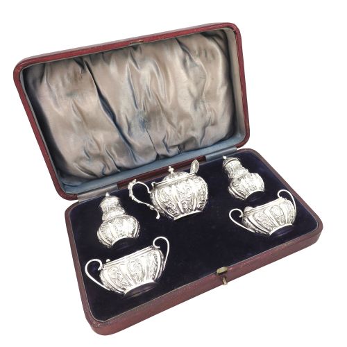 Antique Victorian Sterling Silver 5 Piece Cruet Set 1892
