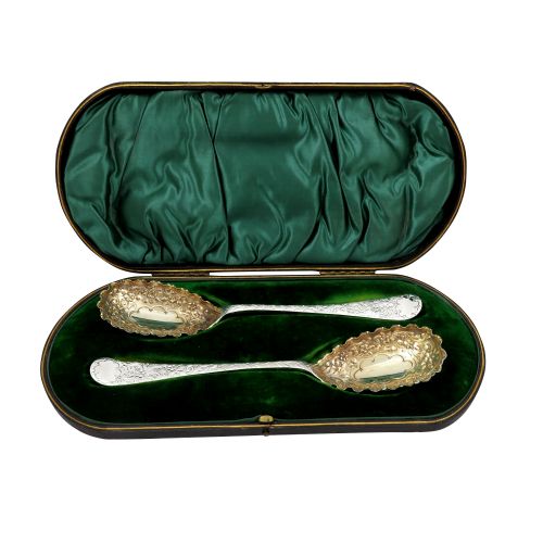 Pair of Antique Victorian Sterling Silver Serving Spoons 1899
