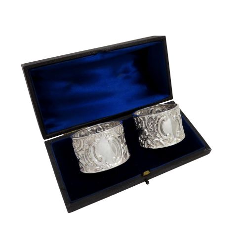 Pair of Antique Victorian Sterling Silver Napkin Rings in Case 1897