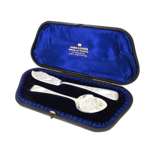 Antique Victorian Sterling Silver Jam Spoon & Butter Knife in Case 1899