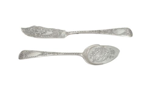 fig 1. Antique Victorian Sterling Silver Jam Spoon & Butter Knife in Case 1899