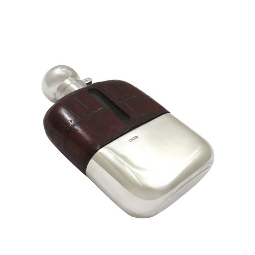 Antique Sterling Silver & Crocodile Leather Hip Flask 1928