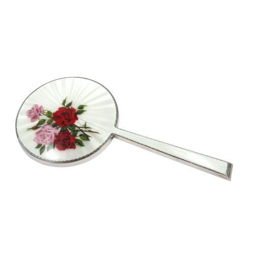 Vintage Sterling Silver & Hand Painted Roses Enamel Hand Mirror
