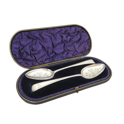 Pair of Antique Georgian Sterling Silver Serving Spoons in Case 1816