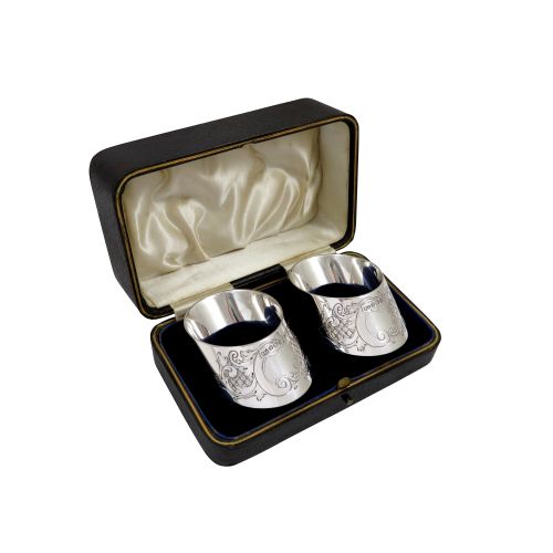 Pair of Antique Victorian Sterling Silver Napkin Rings in Case 1897