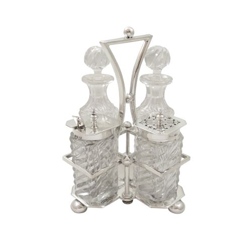 Antique Victorian Sterling Silver & Cut Glass Cruet Set 1891