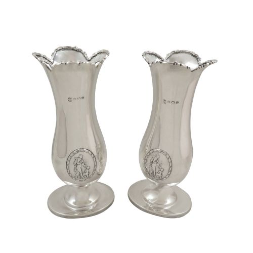 Pair of Antique Sterling Silver 6 1/2" Vases - Mother & Child Scene 1912
