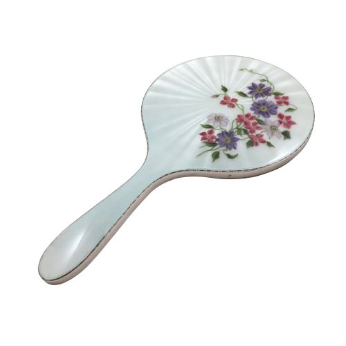 Vintage Sterling Silver & Hand Painted 'Clematis' Enamel Hand Mirror