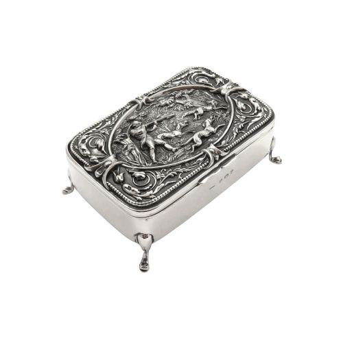 Antique Edwardian Sterling Silver Trinket Box with Hunting Scene 1908