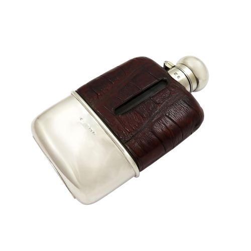 Antique George V Sterling Silver & Crocodile Leather Hip Flask 1918