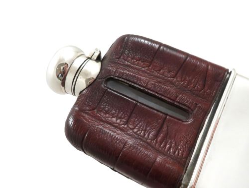 fig 1. Antique George V Sterling Silver & Crocodile Leather Hip Flask 1918