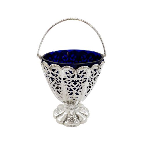 Antique Victorian Sterling Silver Basket with Blue Glass Liner 1869