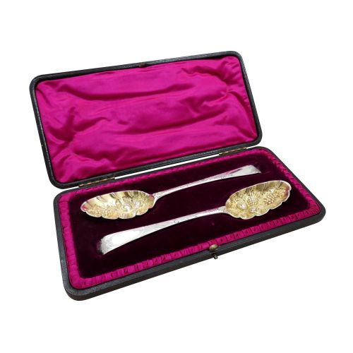 Pair of Antique Georgian Sterling Silver Berry Spoons in Case 1769