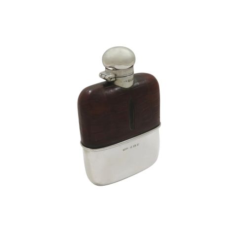 Antique George V Sterling Silver & Crocodile Leather Hip Flask 1912
