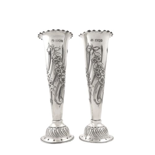 Pair of Antique Edwardian Sterling Silver 6 1/4" Vases 1901