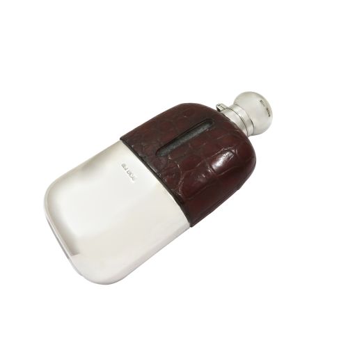 Antique Edwardian Sterling Silver & Crocodile Leather Hip Flask 1906