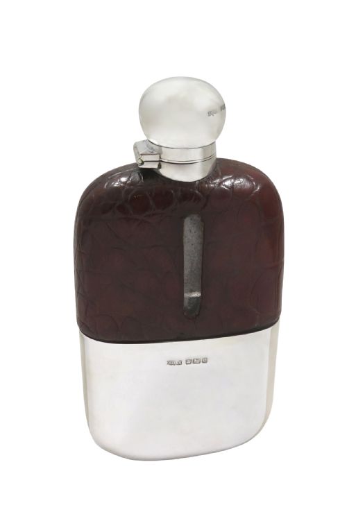 fig 1. Antique Edwardian Sterling Silver & Crocodile Leather Hip Flask 1906