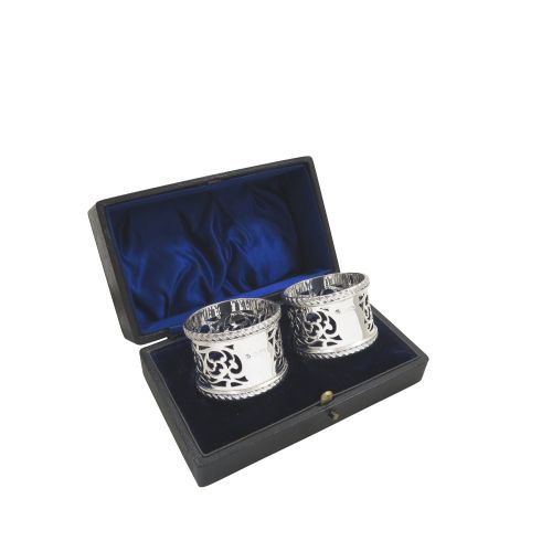 Pair of Antique Edwardian Sterling Silver Napkin Rings in Case 1902