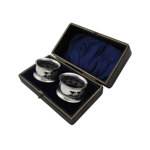 Pair of Antique Edwardian Sterling Silver Napkin Rings in Case 1904