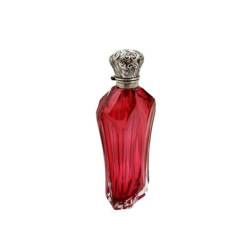 Antique Silver & Cranberry Glass Perfume / Scent Bottle C1890