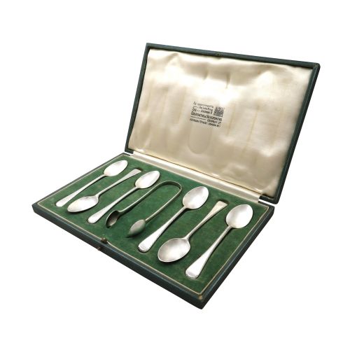 Set of 6 Antique Sterling Silver Teaspoons & Sugar Tongs in Case 1939