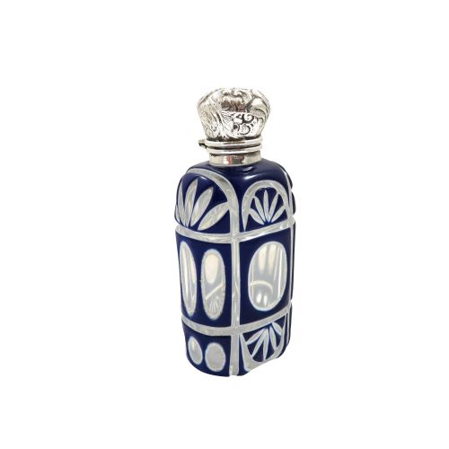Antique Victorian Silver & Blue Cut Glass Scent / Perfume Bottle C1890